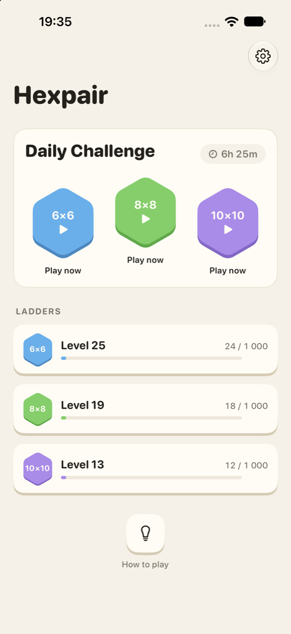 Hexpair home screen with the daily challenge and three level ladders