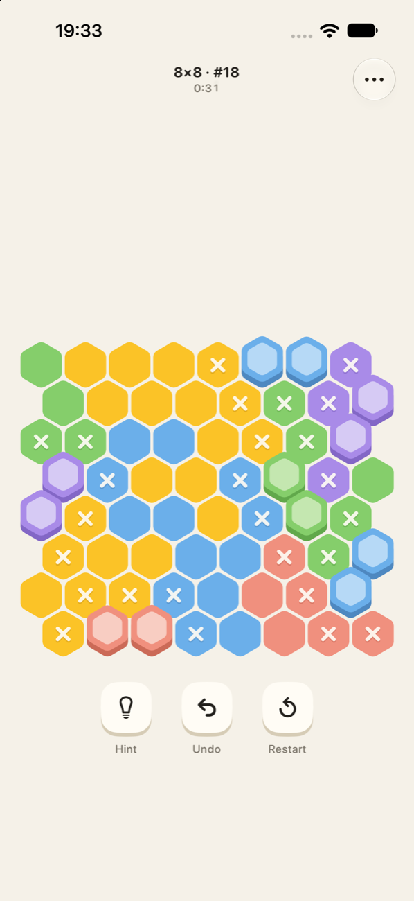 Hexpair 8×8 hexagonal Norinori board mid-solve with pairs placed and X marks