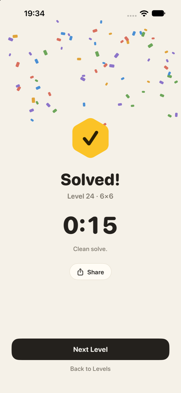 Hexpair solved screen with confetti and the solve time